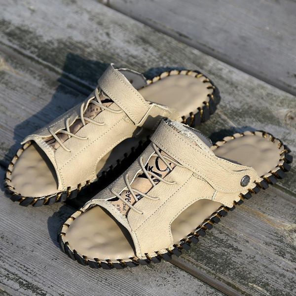 

slippers quality genuine leather sandals mens 2021 trend outdoor summer anti-slippery casual flip flops beach male men, Black