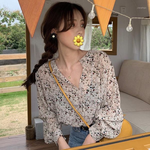 

chic sweet spring fall women's clothing plus size korean fashion brand shirts chiffon floral blouse ladies aesthetic blouses &, White
