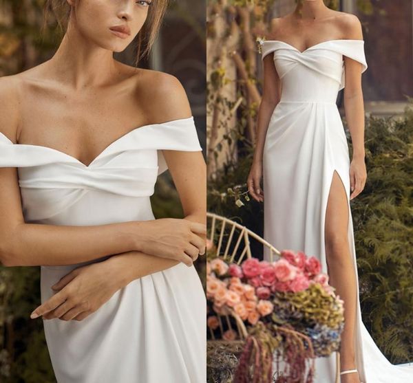 

other wedding dresses elegant off the shoulder satin crepe bridal gown ruffled skirt with split dress vestidos de noiva, White