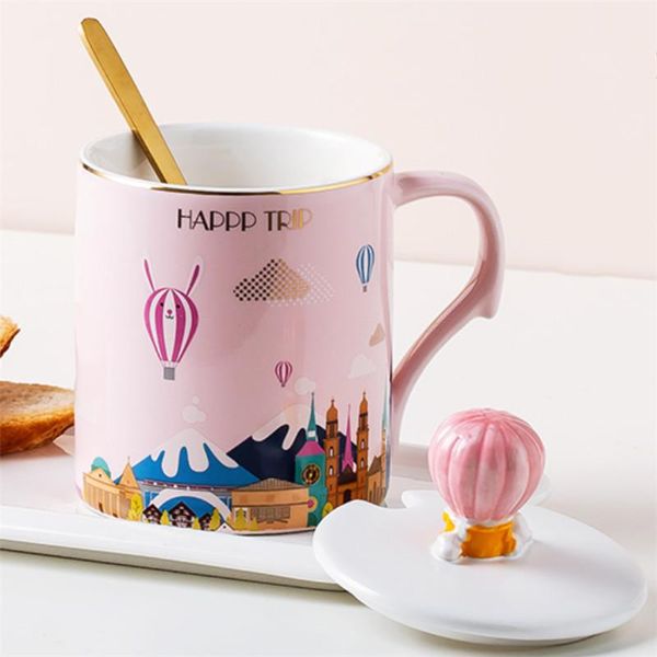 

nordic ceramic cute hand painted castle balloon coffee mug with lid and spoon couple tea cup creative office breakfast milk mugs