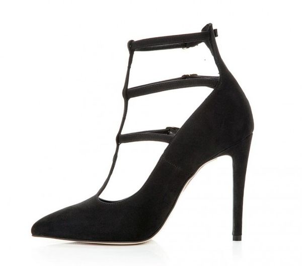 

shoe t-strap high-heeled pointed to the woman black suede pumps gladiator cut-out shoes spring stiletto heels