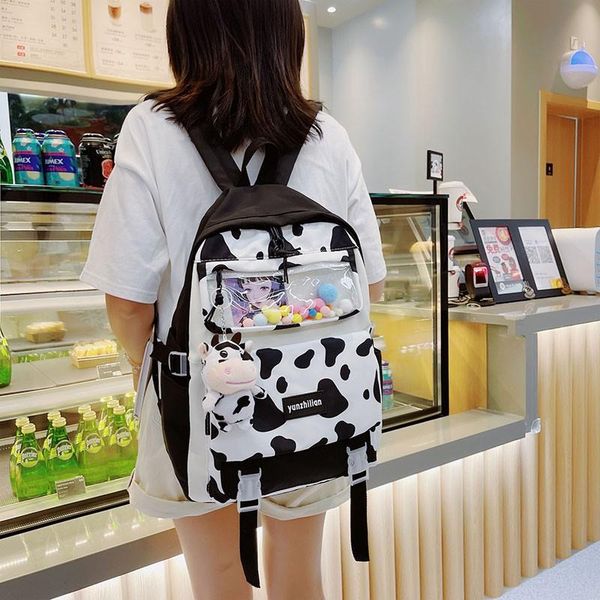

school bags harajuku style fashion backbag for women large-capacity backpacks with cow pattern nylon waterproof travel