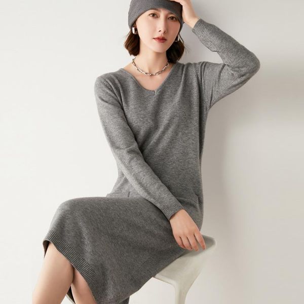 

casual dresses 2021 woman winter 100% cashmere sweaters knitted pullovers jumper warm female v-neck blouse long sleeve clothing, Black;gray