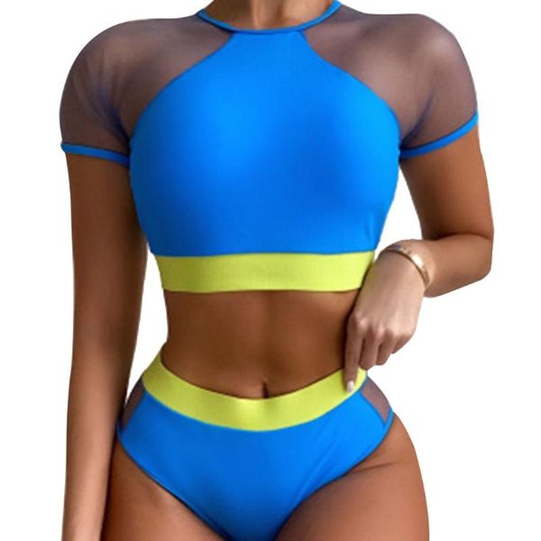 

women's swimwear women 2pcs color block bikini set contrast mesh short sleeve beach swimsuit, White;black