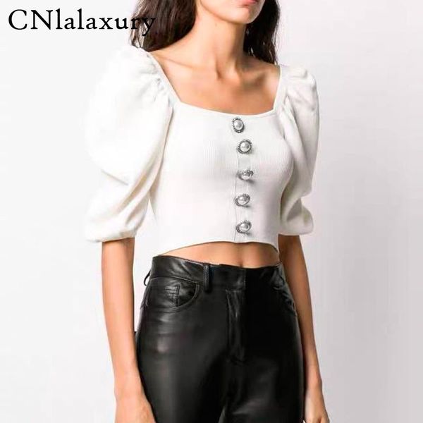 

women's blouses & shirts vintage knitted puff sleeve bodycon blouse female square neck elegant pearl button white black slim crop