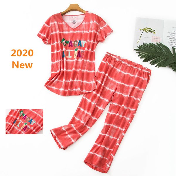 

women's sleepwear casual pajamas set short sleeve t-shirt long pants summer pyjama big size mom fashion home cf5g, Black;red