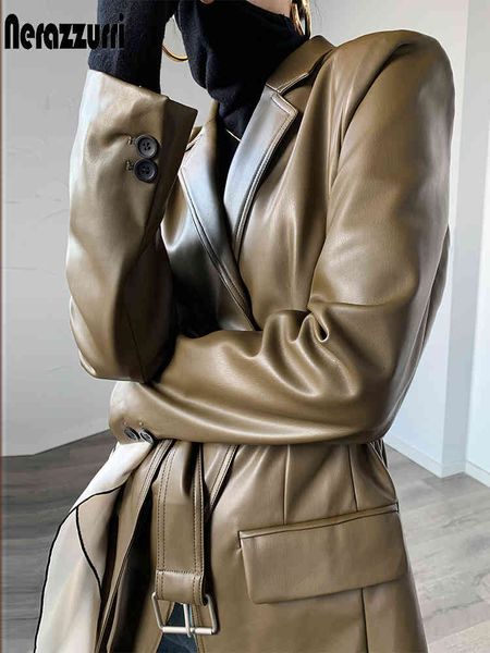 

nerazzurri autumn light soft blazers belt long sleeve pu faux leather jacket women plus size fashion 5xl 201119, Black