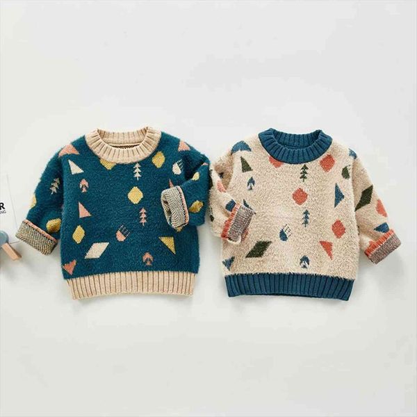 

baby girls kids sweater autumn winter boys geometric pattern long sleeve knitted sweaters, Blue