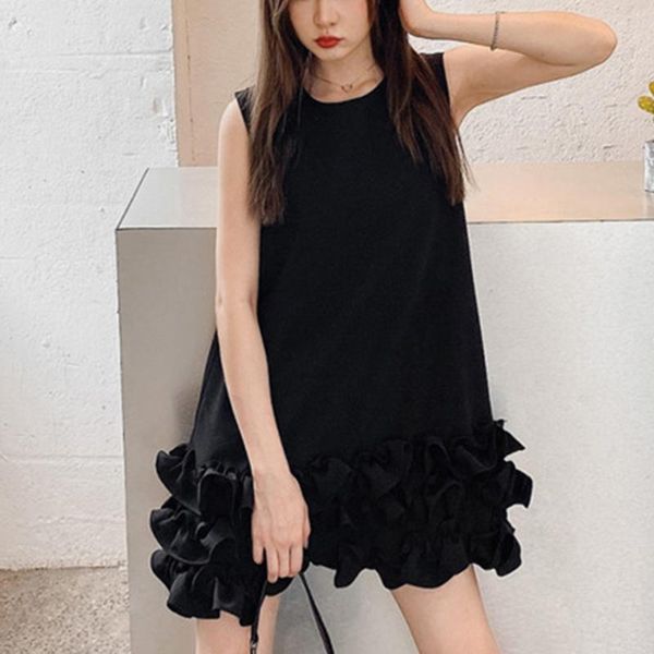 

casual dresses [ewq] korea fashion sweet sleeveless ruffled solid color loose black all-match dress women summer 2021 16w1422, Black;gray