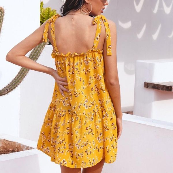 

casual dresses women summer tie up spaghetti strap backless flowy mini dress boho floral printed ruffle flared hem loose beach yellow, Black;gray