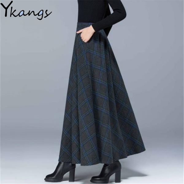 Plus Size Vita alta Gonne scozzesi di lana Inverno caldo Lana da donna Maxi Office Ladies Fashion Casual Long Streetwear 210421