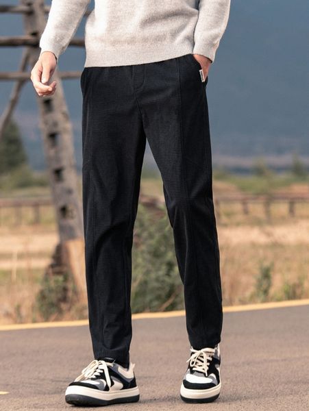 

men drawstring waist straight leg corduroy pants t2oc#, Black
