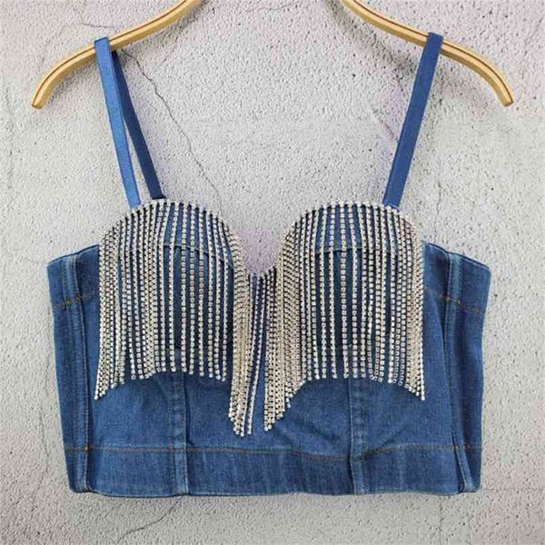 New Fashion Ladies Camis Runway Jeans Crop Top Luxury Blu Sexy Hot Celebrity Party Club Vest 210407