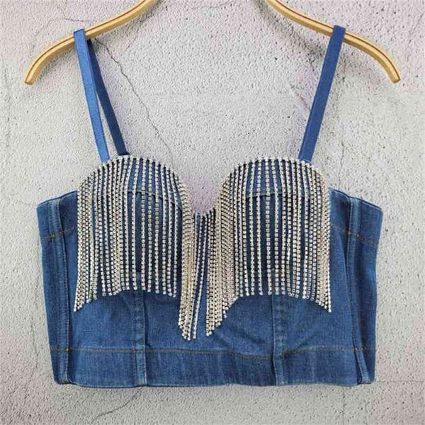 New Fashion Ladies Camis Runway Jeans Crop Top Luxus Blau sexy Hot Celebrity Party Club Vest 210407