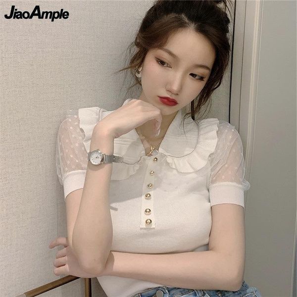 

women's t-shirt women korean sweet lace puff sleeve knitted 2021 fashion solid white cute girls doll collar lady summer clothing
