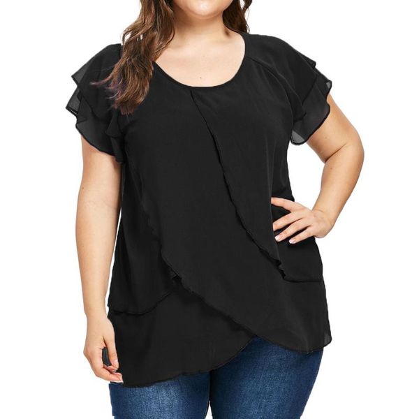 

plus size t-shirt elegant chiffon women casual short sleeve solid ruffles blouse summer large tunics, Black