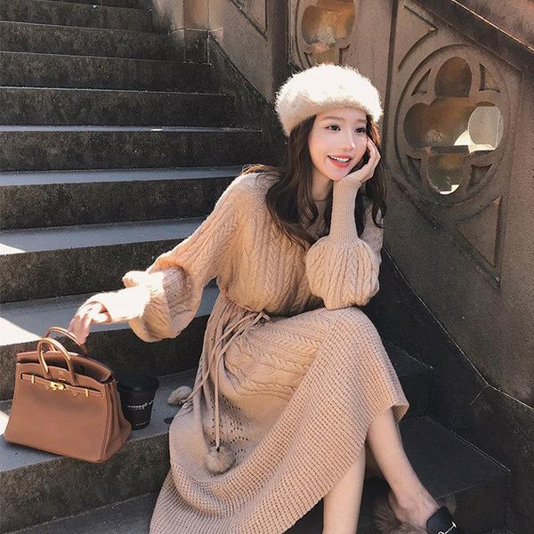 

winter kawaii women dresses dress oversize knitting sweater maxi loose skater fashion vintage warm full elegant for ladies, Black;gray