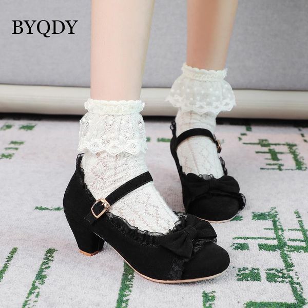

dress shoes byqdy round toe suede mary jane pumps lolita hoof heels buckle strap wedding thick heel lady footwear plus 11, Black