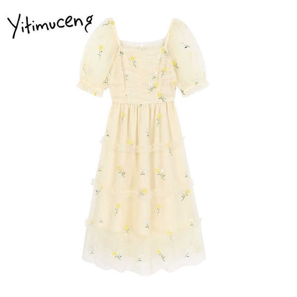 

yitimuceng muslin dresses women summer embroidery high waist puff sleeve square collar unicolor yellow fashion dress 210601, Black;gray