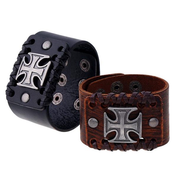 

bangle jessingshow vintage wide rock wrap alloy rivets punk cross charm genuine leather men bracelets bangles for women femme jewelry, Black