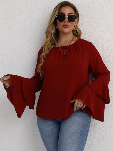 

plus ruched layered flounce sleeve blouse u45m#, Black