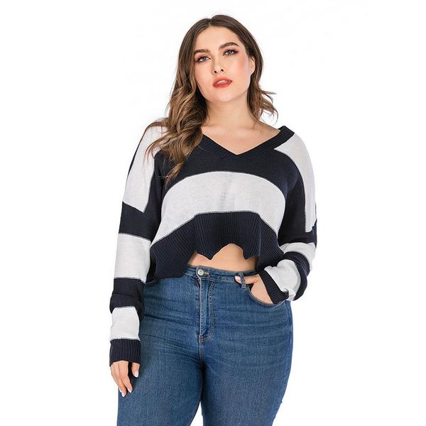 

plus size t-shirt stripped sweater crop women knit pullover autumn v neck short jumper 2021 fashion clothes 4xl, Black