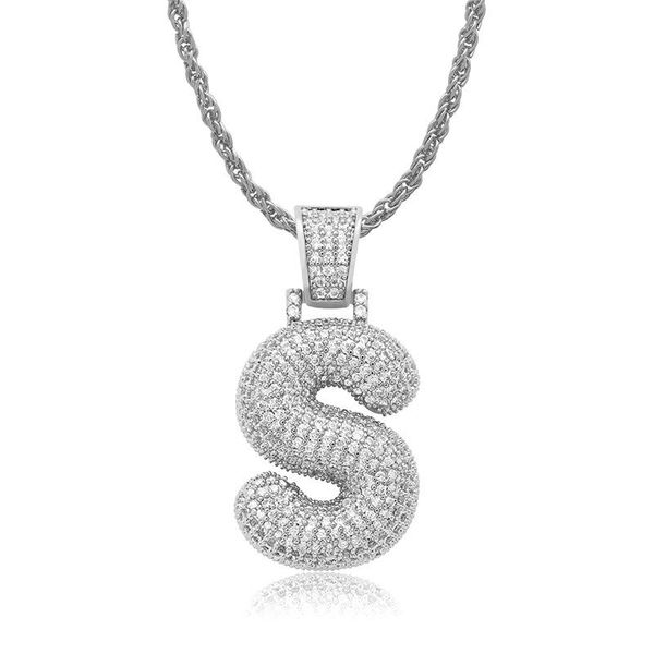 

pendant necklaces omyfun factory price copper bubble letter s lucky charm with 3mm rope chain 3a cz micro paved bling a-z custom jewelry for, Silver