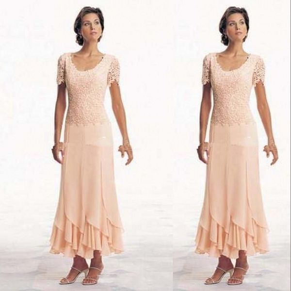 2021 eleganti abiti per la madre della sposa color pesca scollo rotondo maniche corte top in pizzo chiffon lunghezza alla caviglia matrimoni personalizzati abiti da ballo per feste da sera