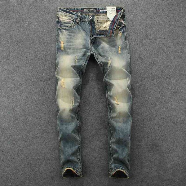 

men's jeans italian style fashion retro yellow blue slim fit ripped for distressed vintage designer cotton denim pants 2j4e