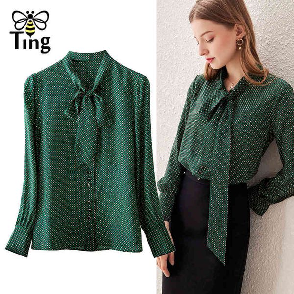 

designer fashion polka dot green print elegant bowknot women blouses office lady work female shirts moda chemises blusas 210513, White