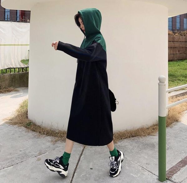 

women's hoodies & sweatshirts p ammy 2021 autumn winter women warm long knee split sweatshirt color matching fleece dress, Black