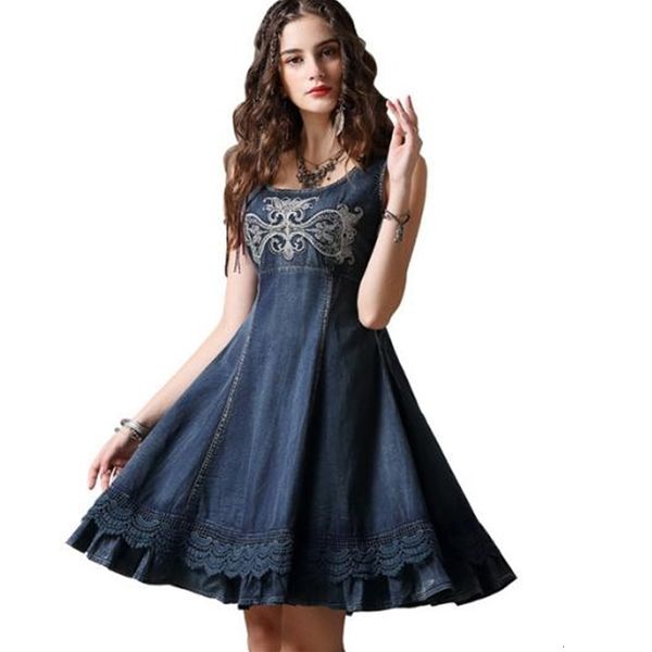 

casual dresses womens summer vintage embroidered ruffle sleeveless fashion female a-line ruffles floral jeans boho vestidos j2955, Black;gray