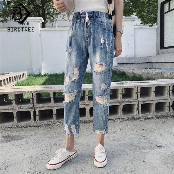 

women's jeans 2021 spring women vintage high waist washed blue slouchy mom denim ripped hole harem pants plus size trousers b9d008t