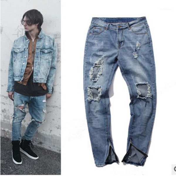 Pantaloni jeans strappati da uomo Salopette in denim da moto blu morbida Moda1