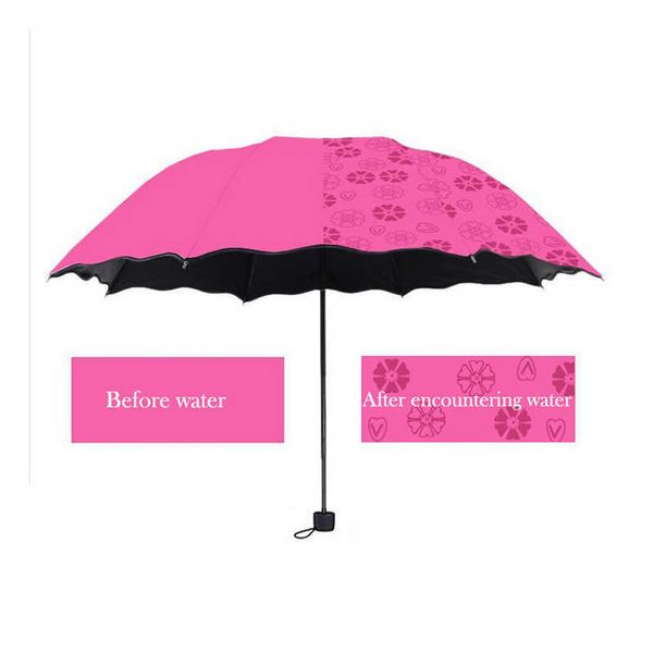 Ladies'Sunsunsunshine Şemsiye Çiçekleri Su Değişiklikleri Renk Şemsiye Üçlü Katlama Siyah Kauçuk Güneş Kremi UV Kadın S 210626