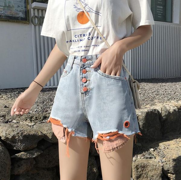 

summer korean patchwork button denim shorts women's, White;black