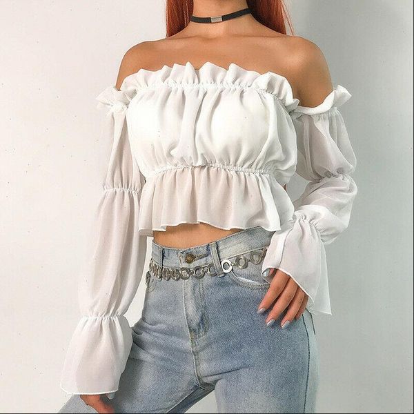 

5 colors chiffon womens blouses off shoulder casual summer autumn crop blouse female party club outfits, White