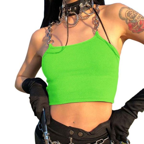 

womens summer ribbed knit racerback crop punk metal chain strap camisole bright fluorescent solid color vest women's tanks & camis, White