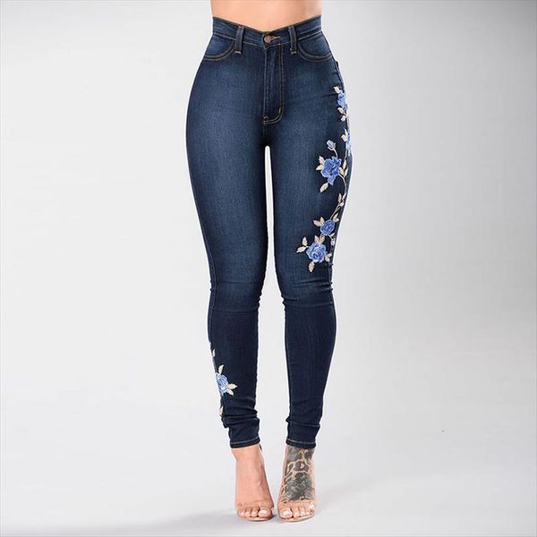 

blue rose embroidered ladys womens jeans skinny girls slim print trousers high waist pencil pants plus size