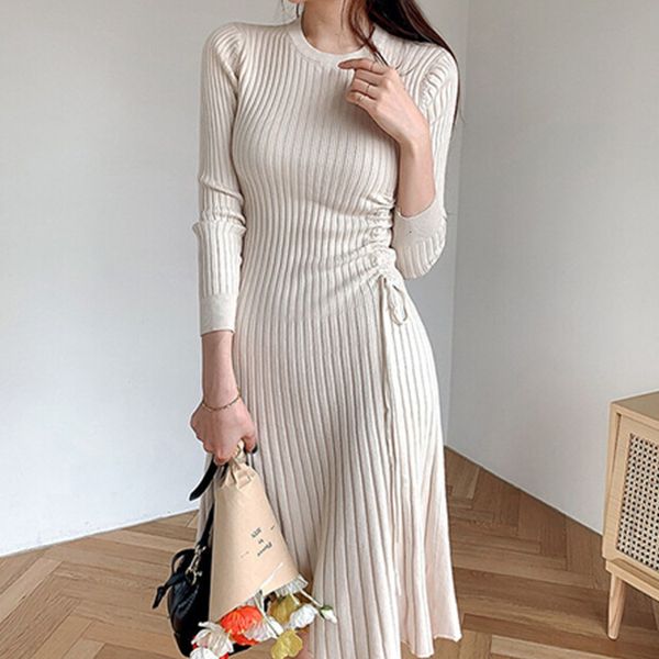 

dress autumn winter sweater elegant knitted drawstring women slim chic korean long christmas robe vestidos pywx, Black;gray