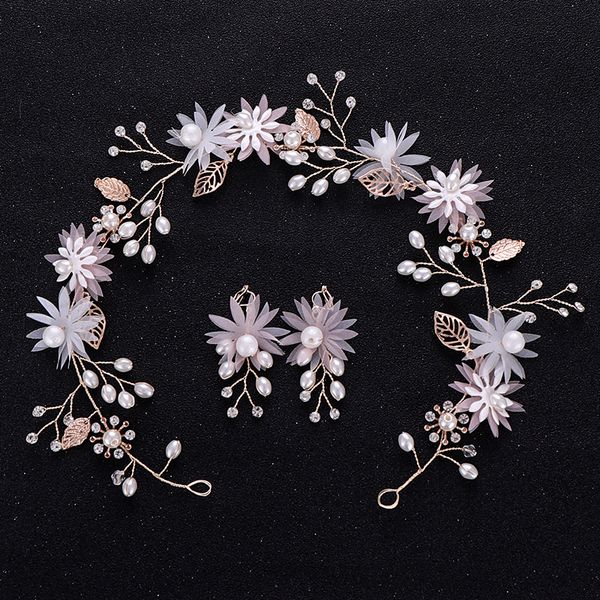 

trendy pearl crystal headband wedding hair accessories gold headdress bride handmade hair band flower headband earrings jewelrydio chan cont, Golden;white