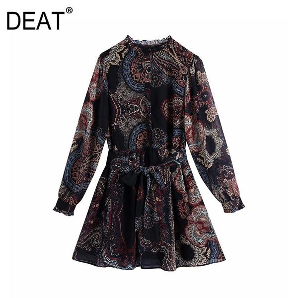 

casual dresses [deat] 2021 spring vintage temperament women a-line printing long sleeve sashes high waist round neck loose dress 13a787, Black;gray