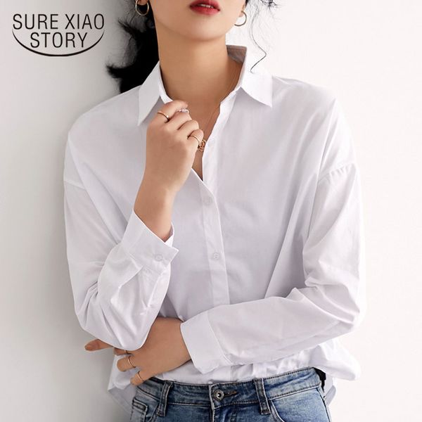 

fashion korean solid white blouse pure cotton shirt women and blouses turn down collar office womens clothing 5804 50 210417