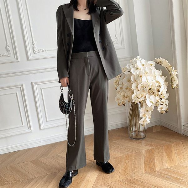 

pants autumn women's solid color blazer or long pants double breasted loose coat high waist straight trousers for office lady, White