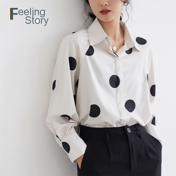

korean women spring chiffon polka dot blouse the office shirt button down long sleeve loose elegant blusas femininas 210603, White
