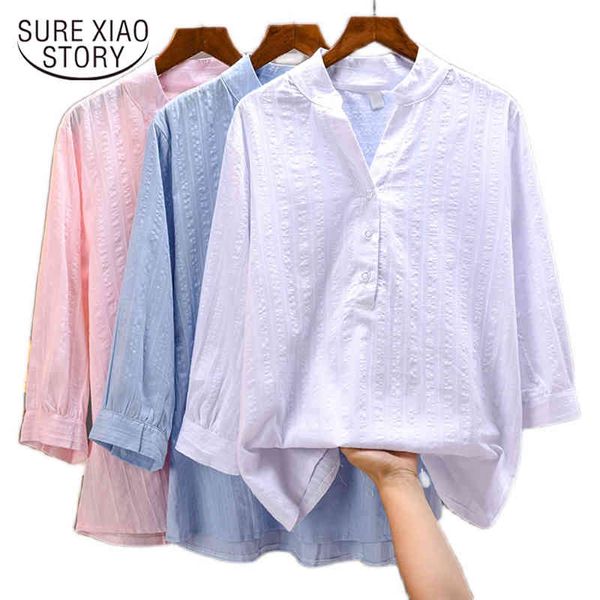 Casual V Neck Plus Size Camiseta Outono Solid Cotton Blouse Mulheres Loose Senhoras Tops Tops Vestuário Blusas Mujer 12399 210415