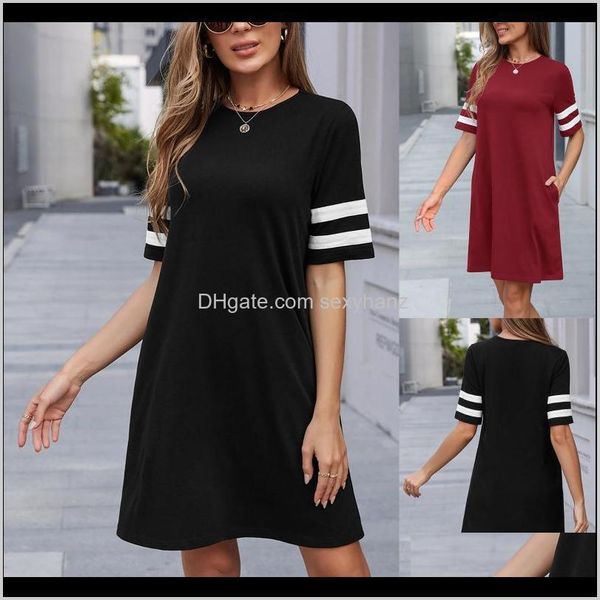 

casual womens clothing apparel drop delivery 2021 dresses for women summer round neck solid color striped streetwear short sleeve dress, Black;gray