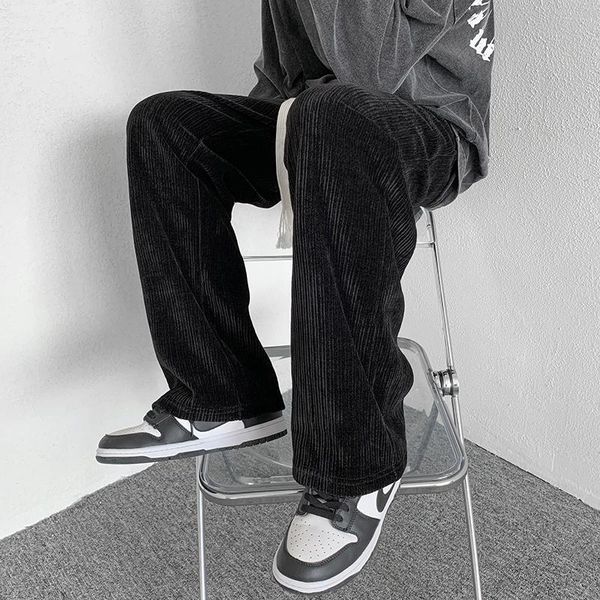 

men's pants black/white winter flannel corduroy men casual staight trousers woven belts mens streetwear wide-leg mopping