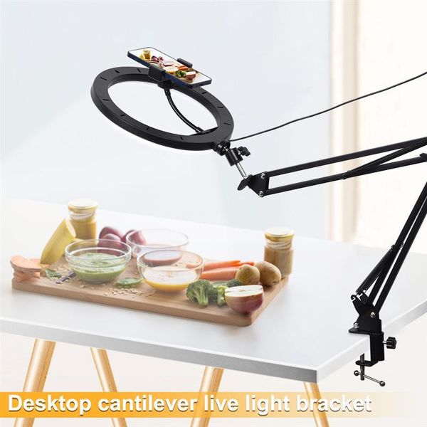 

mobile phone overhead cantilever bracket with ring light stable dimmable po adjustable shooting deskholder flash heads