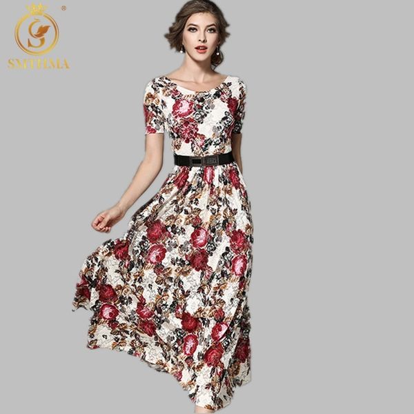 Desenhador Runway Summer Dress Mulheres Manga Curta Flores Lace Maxi Long Vestidos 210520